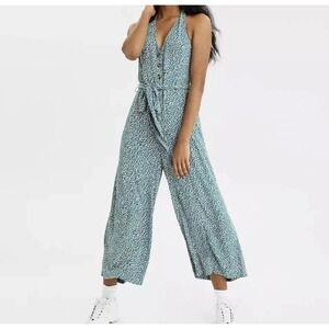 American‎ Eagle Outfitters Floral Jumpsuit Wide Leg Halter Neck Teal White Small